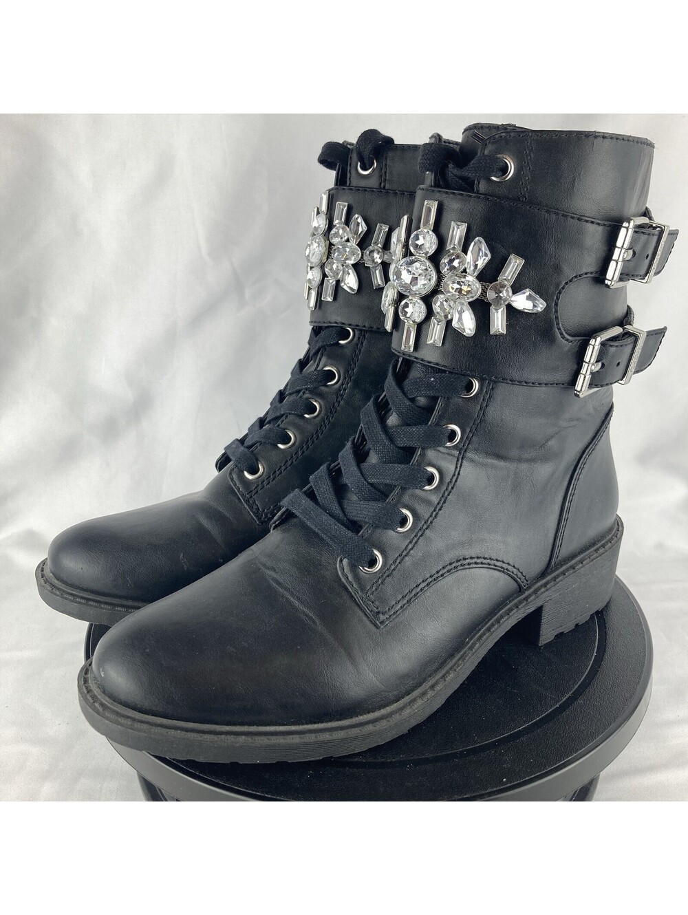 Womenโs 8 Circus Sam Edelman Black Crystal Rhinestone Strap Lace Up Combat Boots
